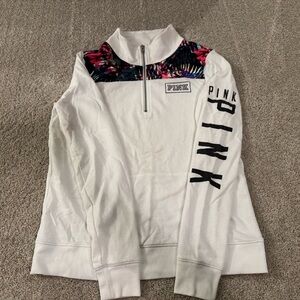 PINK Victoria Secret PINK Quarter zip pullover Tropical Panel Logo Sweatshirt